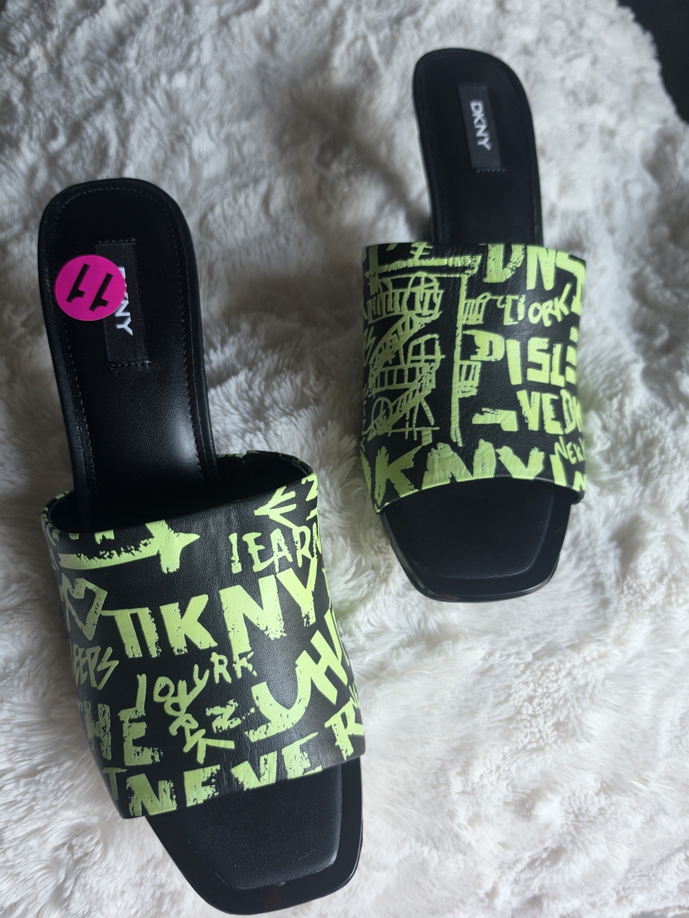 DKNY Women’s Neon Green Graffiti Slide Sandals